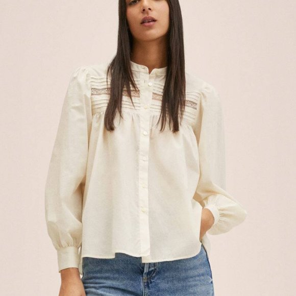 NWT MANGO MNG Size 4 Sml BOHO Cream Blouse Puff Sleeve Lace Insert Romantic NEW - Picture 1 of 13